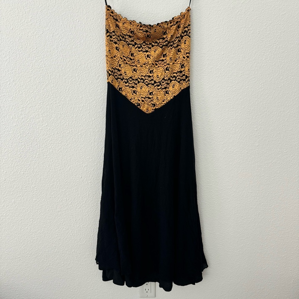 Vintage Casadei Gold Black Strapless Dress Midi Floral USA Scallop Hem size XS